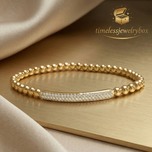 Gold-Plated Beaded Bangle with Crystal Bar